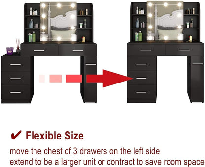 FurniFlex Dressing Table Set/Makeup Table Set with LED Lights, Mirror, 5 Drawers, Black