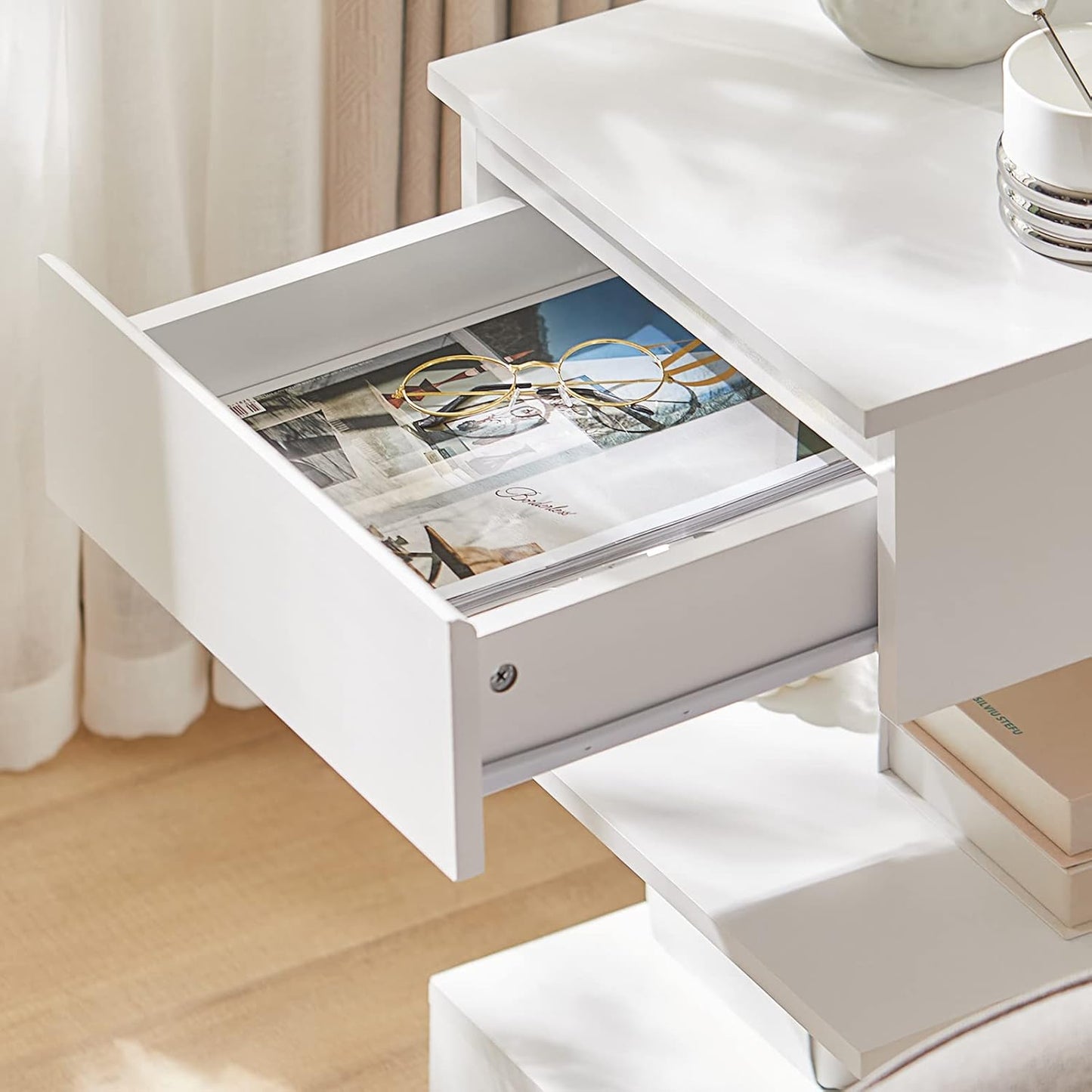 SoBuy FBT49-W Side Table Bedside Table with 1 Drawer and 3 Shelves White W x H x H x D: 39 x 65 x 39 cm