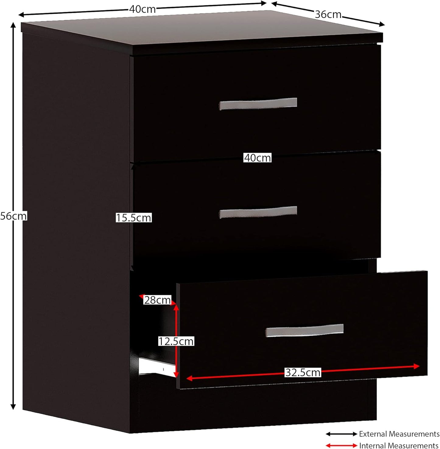Vida Designs Large Black Bedside Cabinet Chest of Drawers, 3 Drawer With Metal Handles and Runners, Unique Anti-Bowing Drawer Support, Riano Bedroom Furniture