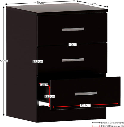 Vida Designs Large Black Bedside Cabinet Chest of Drawers, 3 Drawer With Metal Handles and Runners, Unique Anti-Bowing Drawer Support, Riano Bedroom Furniture