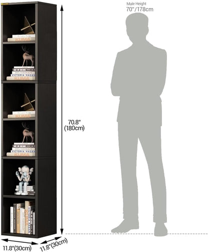 ALISENED 68.5" Tall Narrow Bookshelf, 6 Shelf Wooden Corner Bookcase, Modern Skinny Cubes Storage Organizer Display Shelving for Bedroom, Library, Living Room, Home, Office, Black