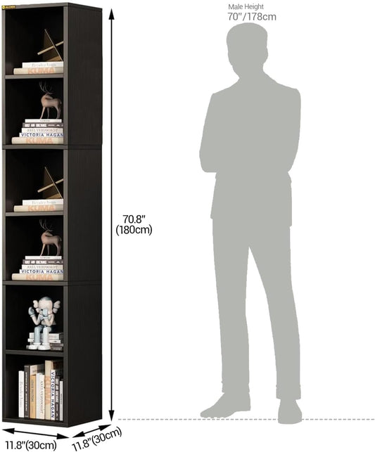 ALISENED 68.5" Tall Narrow Bookshelf, 6 Shelf Wooden Corner Bookcase, Modern Skinny Cubes Storage Organizer Display Shelving for Bedroom, Library, Living Room, Home, Office, Black