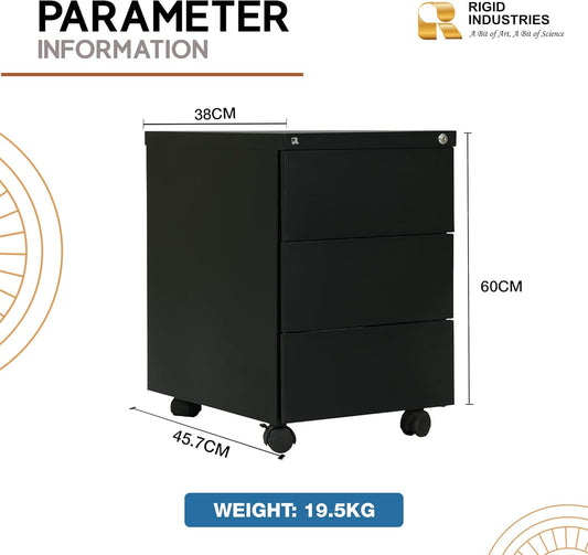 RIGID Steel Mobile Pedestal 3 Drawer Storage Unit Modern & Sleek Office Furniture Black