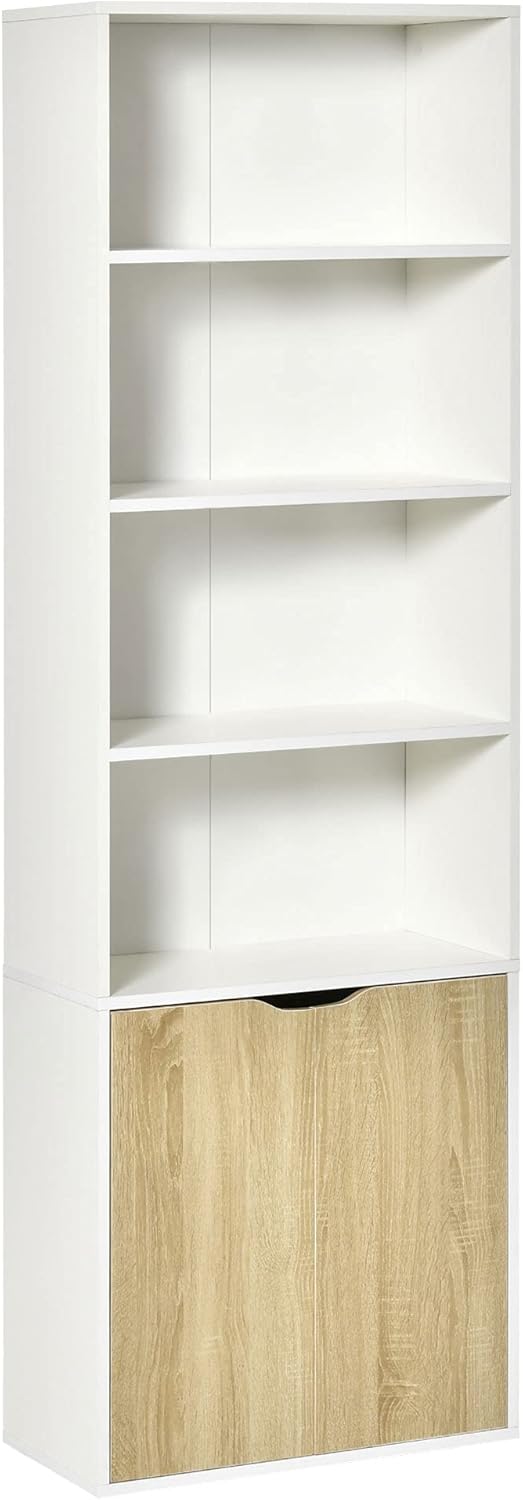 HOMCOM 2 Door 4 Shelves Tall Bookcase Modern Storage Cupboard Display Unit for Living Room Study Bedroom Home Office Furniture White and Oak