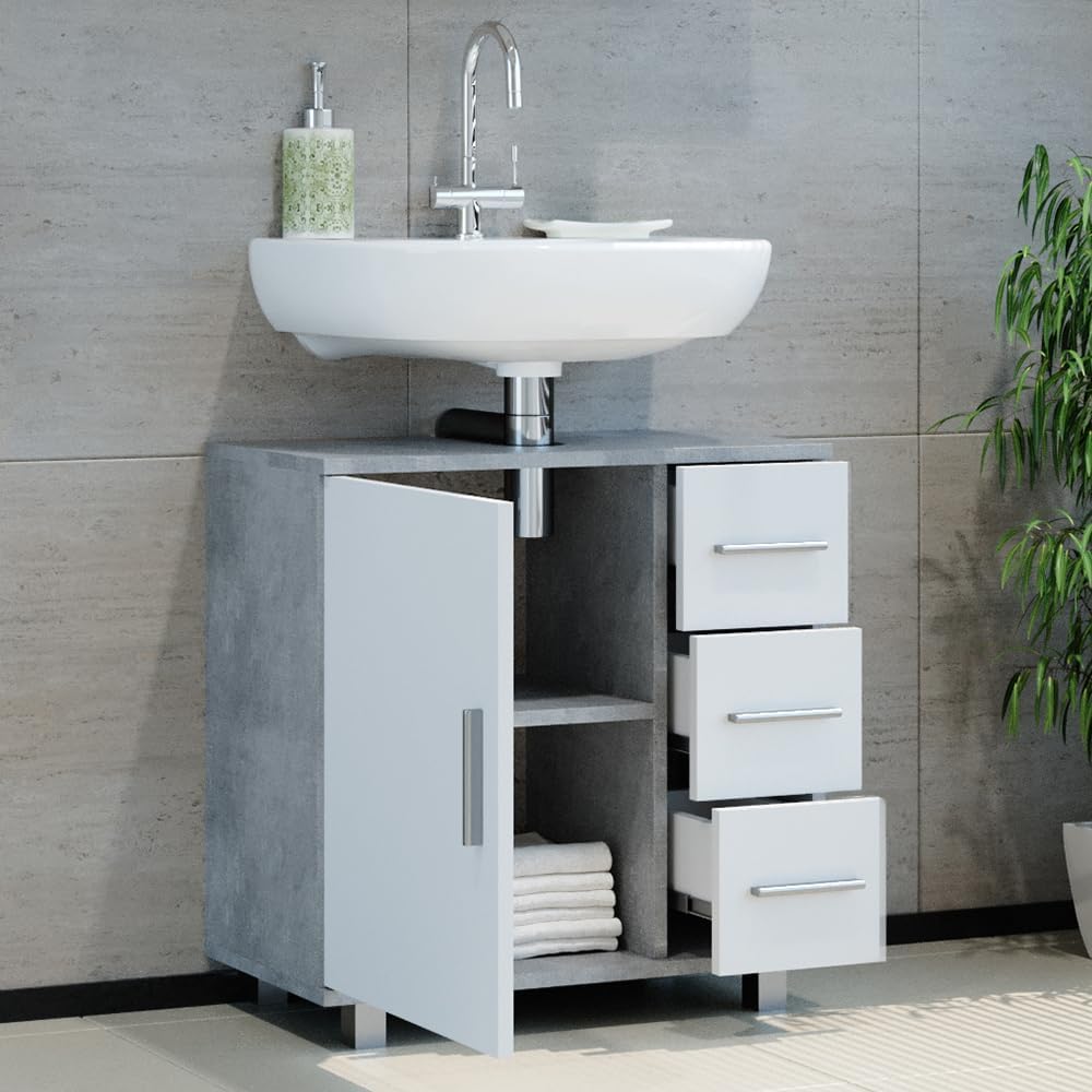 Vicco Ilias Vanity Unit Bathroom Cabinet (Concrete) - 60x60.8x33 cm - 3 Drawers & 1 Door - Stainless Steel Handles - Contemporary Style - Freestanding - Bathroom Storage