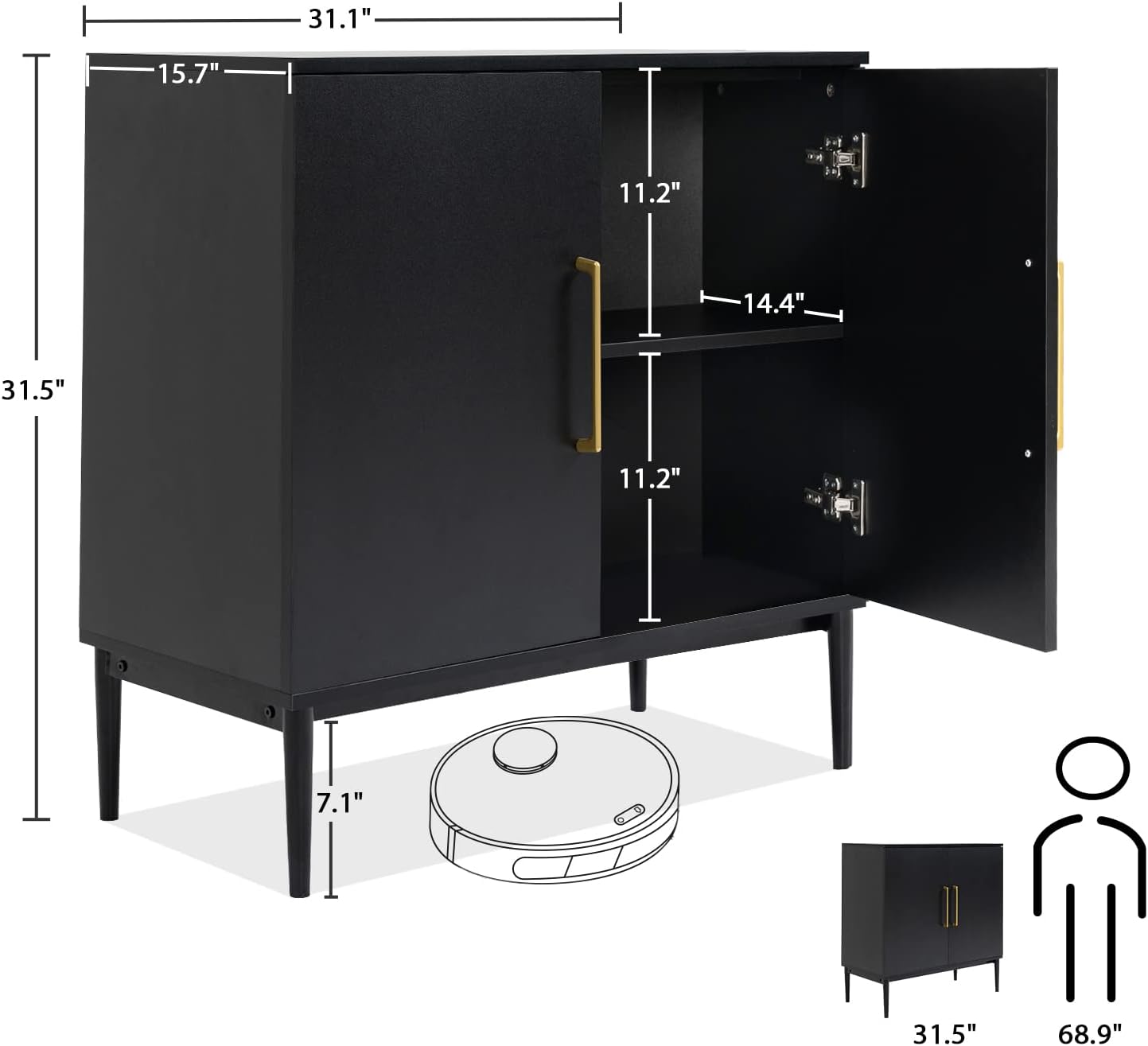 Vrullu Modern, Free Standing Cabinet, Black Sideboard and Buffet Storage with Doors, Wood Accent Cabinet for Living Room, Hallway, Entryway, Dining Room, Bedroom (1, Black)