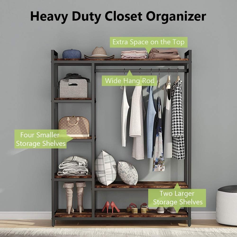 LITTLE TREE Free Standing Wood Closet Clothes Rack, Heavy Duty Garment Rack With Shelves, Hanging Racks for Clothing, Bedroom Wardrobe Closet Organizer, 350 lb Capacity, Rustic