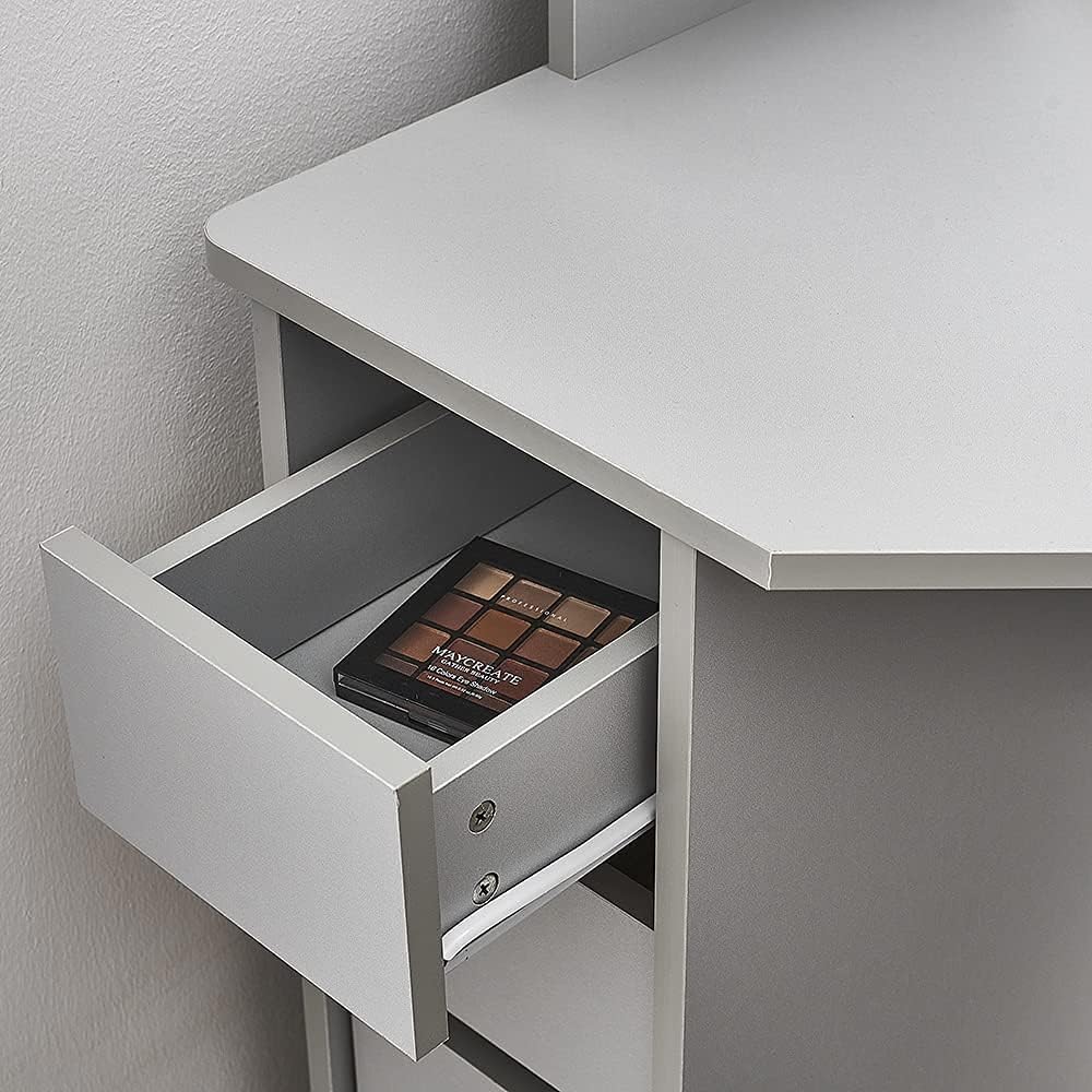 Panana MDF Dressing Table Corner Makeup Table with 3 Mirrors, 5 Drawers, 1 Compatible and Stool for Bedroom, 109cm (L) x 55cm (W) x 140cm (H) (Grey)