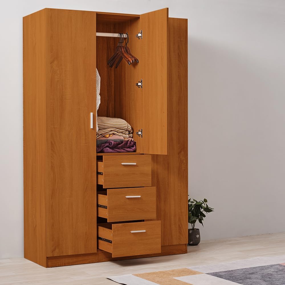 3 Door 3 Drawer Wardrobe, Modern Solid Pine Wood Wardrobe with Hanging Rail Living Bedroom Furniture (Oak)