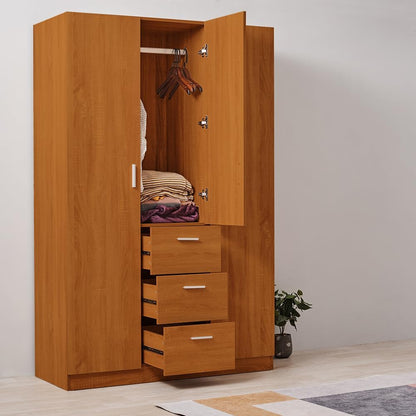 3 Door 3 Drawer Wardrobe, Modern Solid Pine Wood Wardrobe with Hanging Rail Living Bedroom Furniture (Oak)