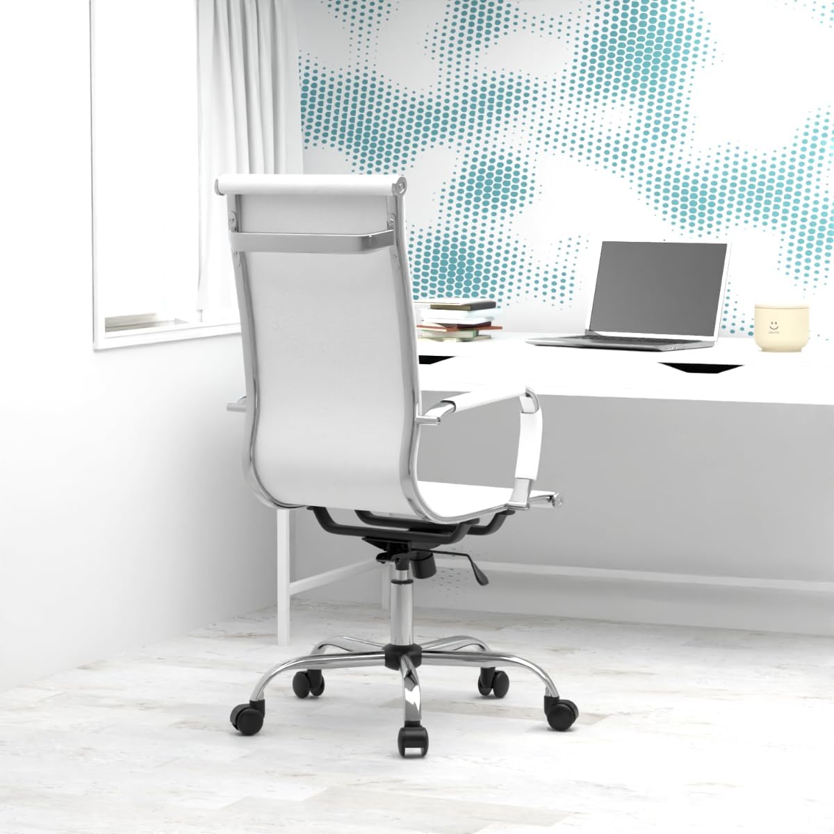 Mahmayi Ultimate 031L Eames Replica Ribbed PU Chrome High-Back Ergonomic Office Chair with Height Adjustable Seat - Complete Comfort for Your Workspace (High Back, White)