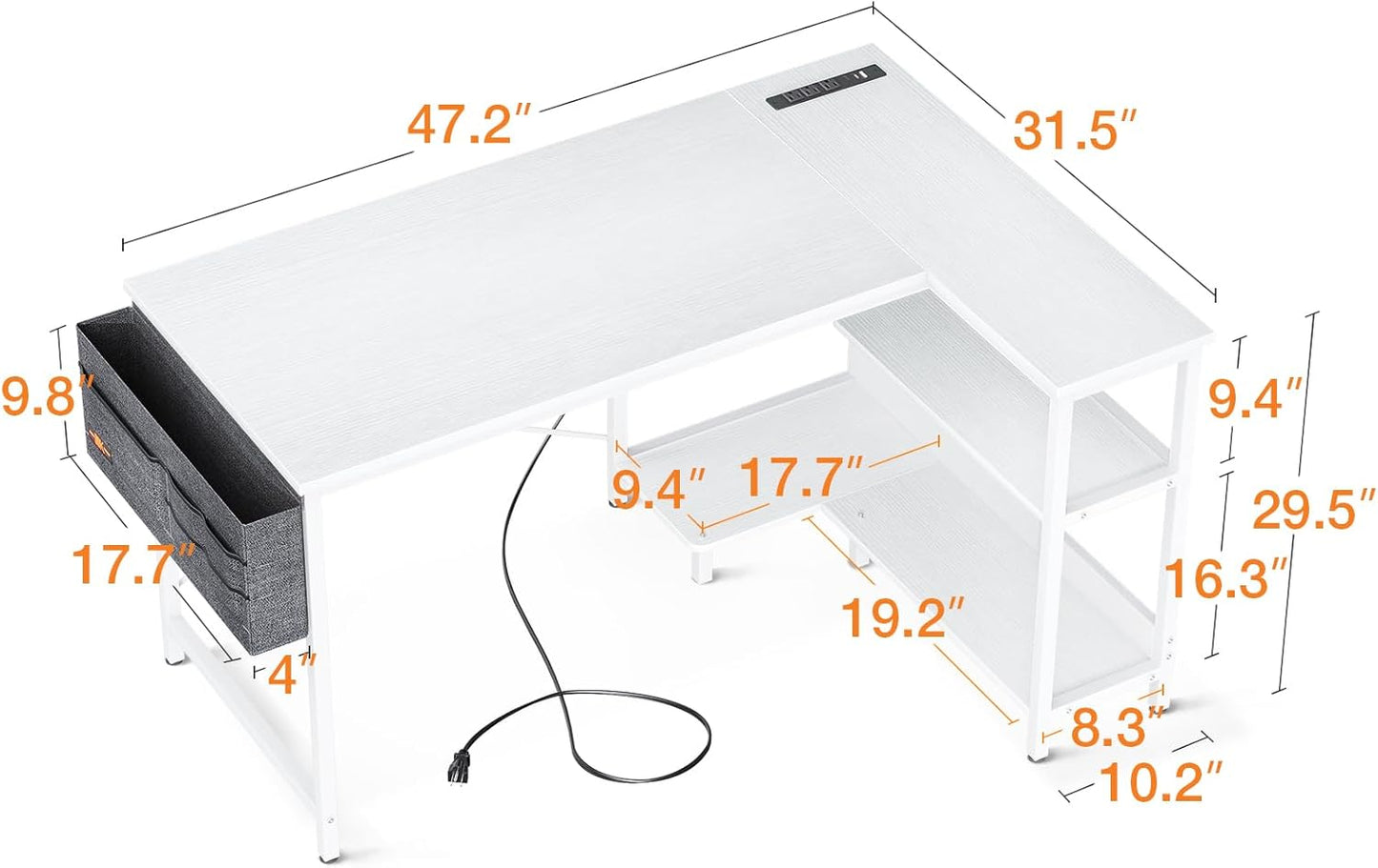 ODK 48 Inch Small L Shaped Gaming Computer Desk with Power Outlets, Reversible Storage Shelves & PC Stand for Home Office, Simple Writing Study Table with Storage Bag for Small Space, White