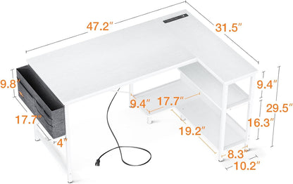 ODK 48 Inch Small L Shaped Gaming Computer Desk with Power Outlets, Reversible Storage Shelves & PC Stand for Home Office, Simple Writing Study Table with Storage Bag for Small Space, White
