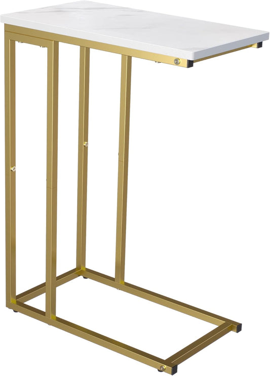 Yusong C Shaped End Table, Couch Side Table That Slide Under Sofa Bed, Small Table for Small Spaces, Skinny Overbed Table, Coffee Drink Laptop Snack Table for Living Room, Gold and Marble White