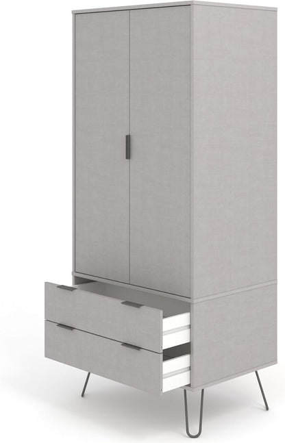 Home Source Double Wardrobe Cupboard Bedroom Storage with Clothes Rail, Engineered Wood, Grey, 2 Door 2 Drawer