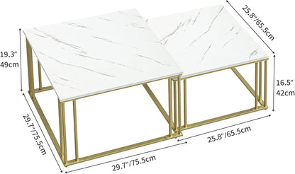 YITAHOME Modern Coffee Table Set of 2 for Living Room, White Grey Round Wooden Coffee Tables, Cocktail Tables, Side Table with Sturdy Gold Metal Frame