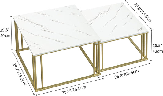 YITAHOME Modern Coffee Table Set of 2 for Living Room, White Grey Round Wooden Coffee Tables, Cocktail Tables, Side Table with Sturdy Gold Metal Frame