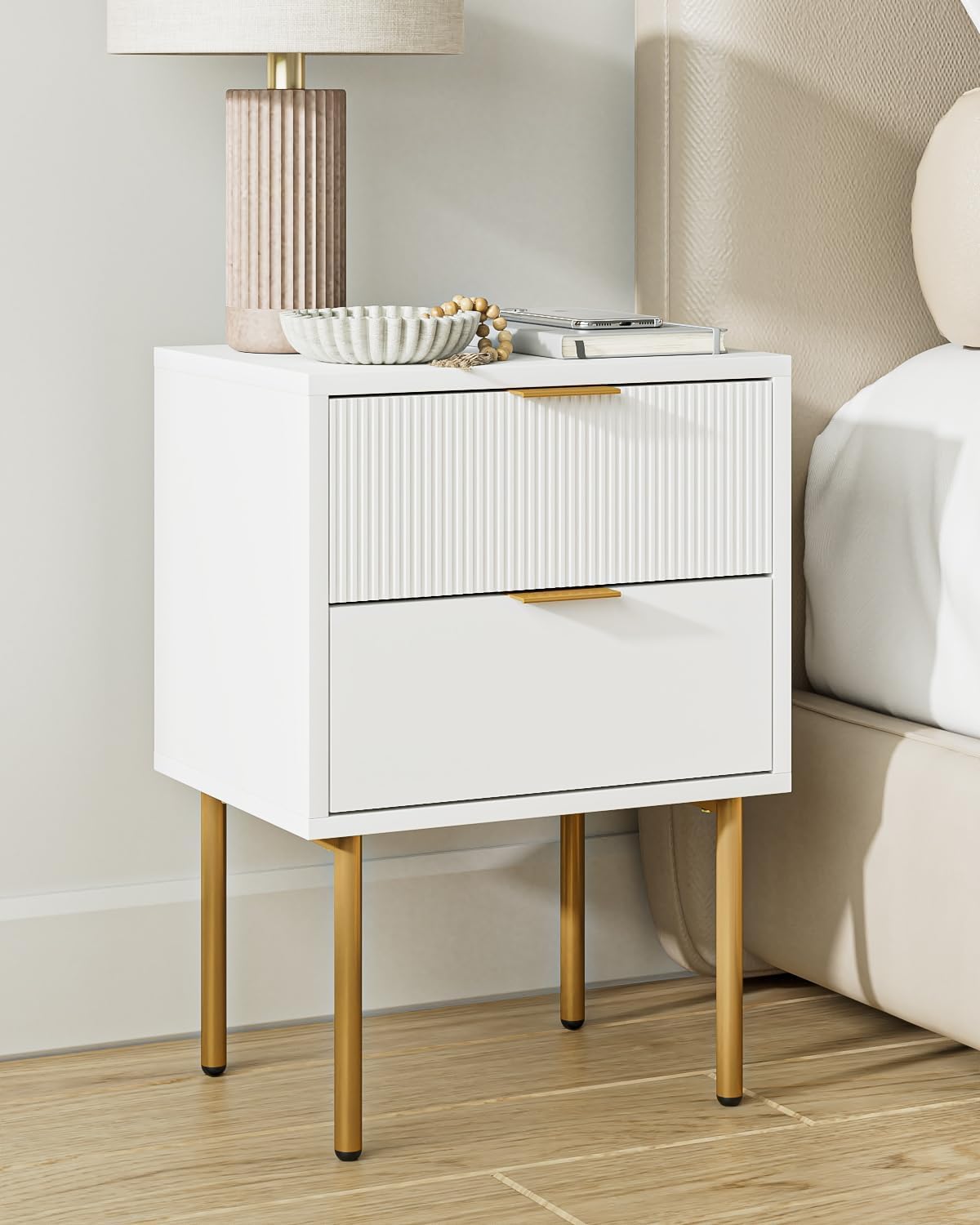 AEPOALUA Nightstand,Small Bedside Table with Gold Frame,White Night Stand,Bedside Furniture,Side Table with Drawer and Shelf for Bedroom,Living Room (Classic, White)