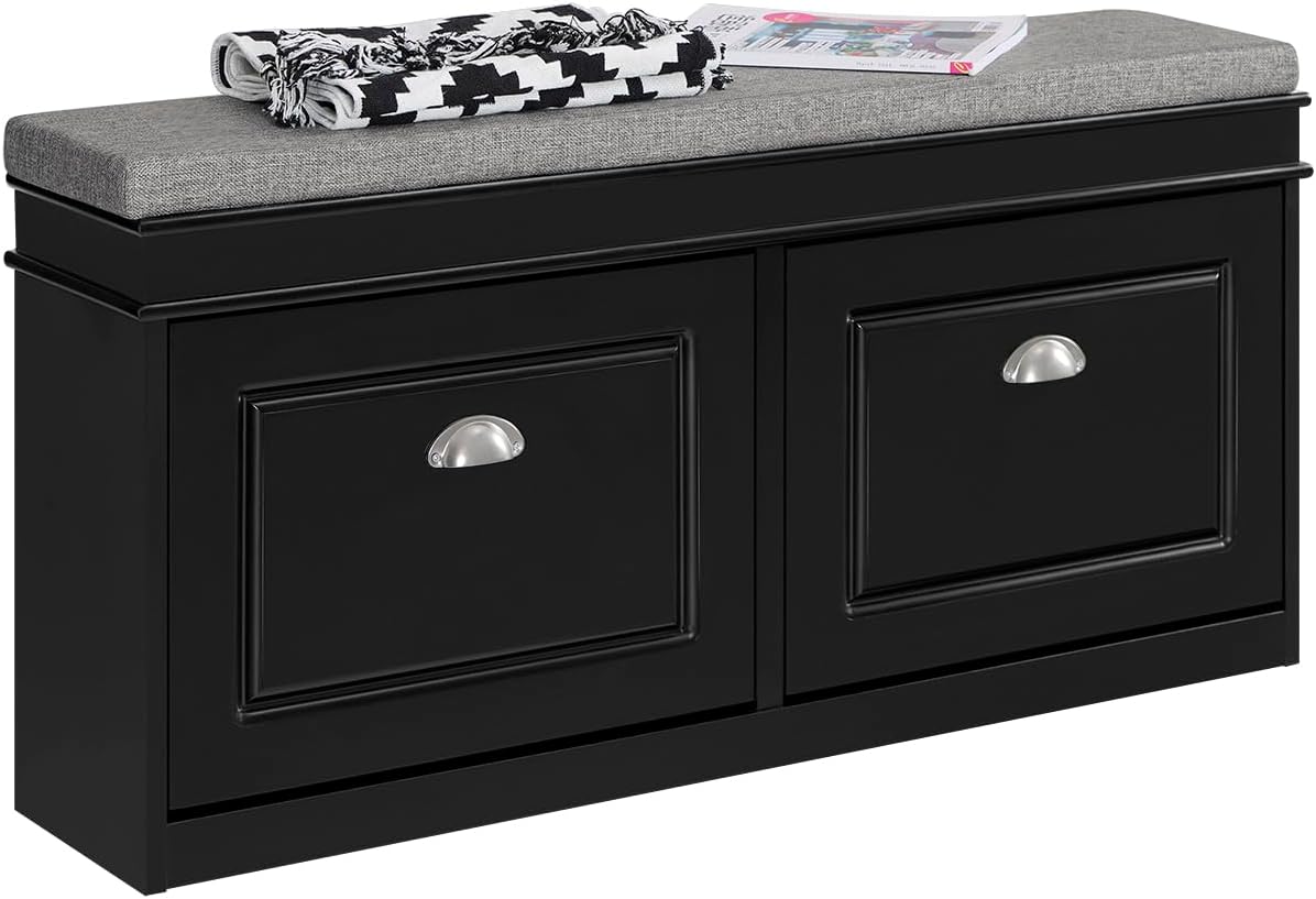 SoBuy FSR64-SCH Shoe Tipper Storage Bench with Seat Cushion with 2 Flaps Black W x H x D x H x D: 104 x 52 x 24 cm