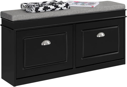 SoBuy FSR64-SCH Shoe Tipper Storage Bench with Seat Cushion with 2 Flaps Black W x H x D x H x D: 104 x 52 x 24 cm