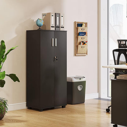 Panana Office Wood Storage Cabinet, 2 Door Engineered Wood Cupboard Tall White Slim Cabinet With Lock Bookcase Filing Cabinet For Family Office (Black1)