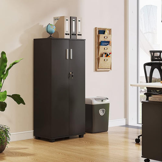 Panana Office Wood Storage Cabinet, 2 Door Engineered Wood Cupboard Tall White Slim Cabinet With Lock Bookcase Filing Cabinet For Family Office (Black1)