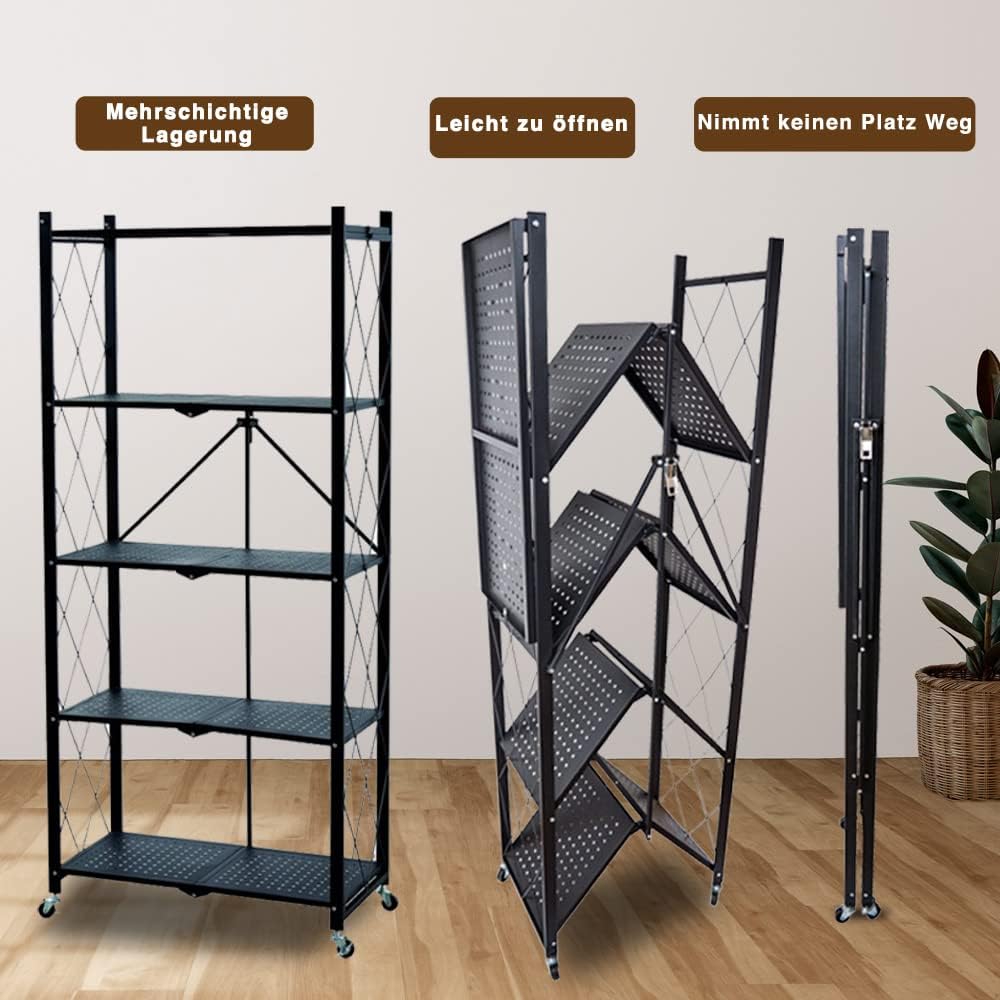 STREND PRO Folding Shelf with Wheels, 5 Tier Foldable Storage Trolley Unit, 250 kg Load Capacity, Metal, Black, Folding Shelf for Kitchen, Office