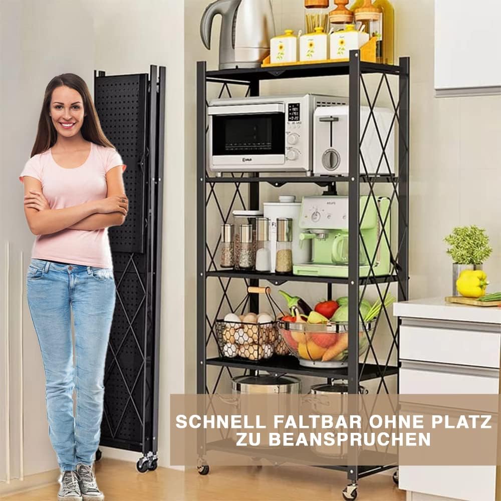 STREND PRO Folding Shelf with Wheels, 5 Tier Foldable Storage Trolley Unit, 250 kg Load Capacity, Metal, Black, Folding Shelf for Kitchen, Office