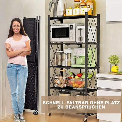 STREND PRO Folding Shelf with Wheels, 5 Tier Foldable Storage Trolley Unit, 250 kg Load Capacity, Metal, Black, Folding Shelf for Kitchen, Office