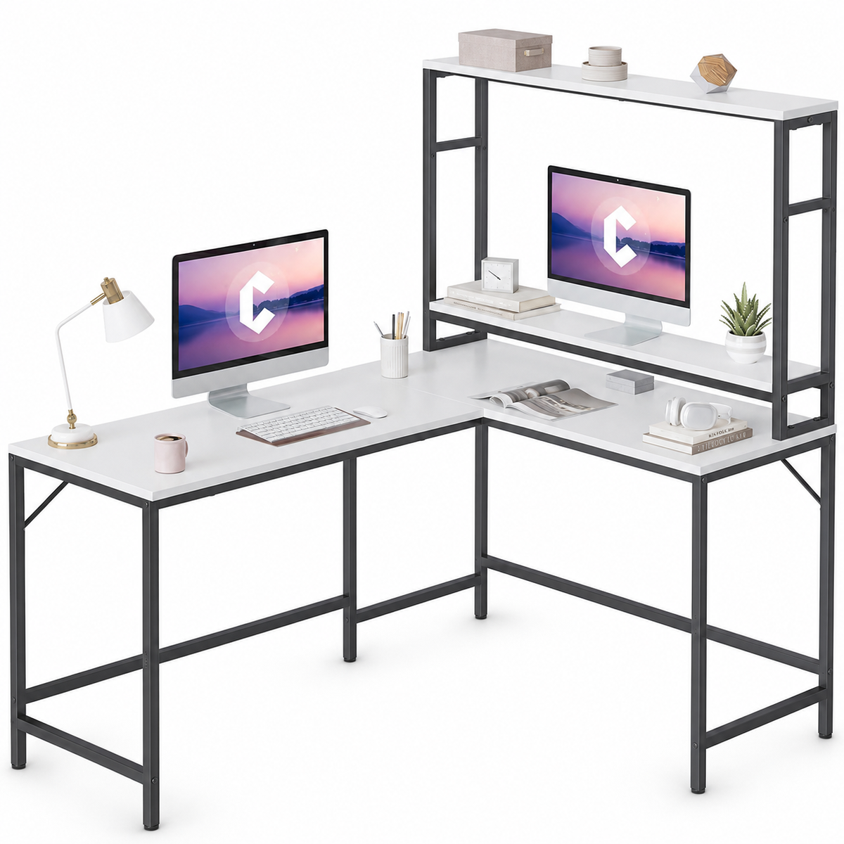 Modern L-Shaped Computer Desk with Monitor Shelf