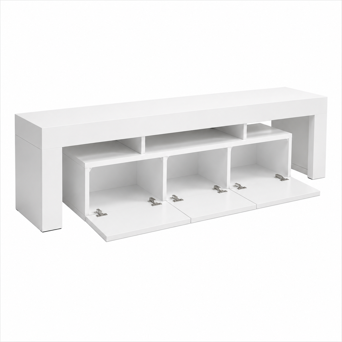 Modern White TV Unit with Open Storage & Drawers