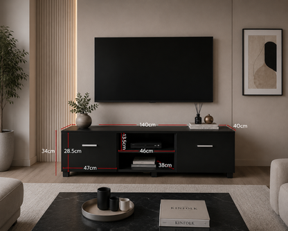 Artiss TV Unit Cabinet Entertainment Units, 140cm Length Stand Table Cabinets Storage Shelf Organiser Cupboard Home Living Room Bedroom Furniture, with 2 Drawer and Cable Management Holes Black