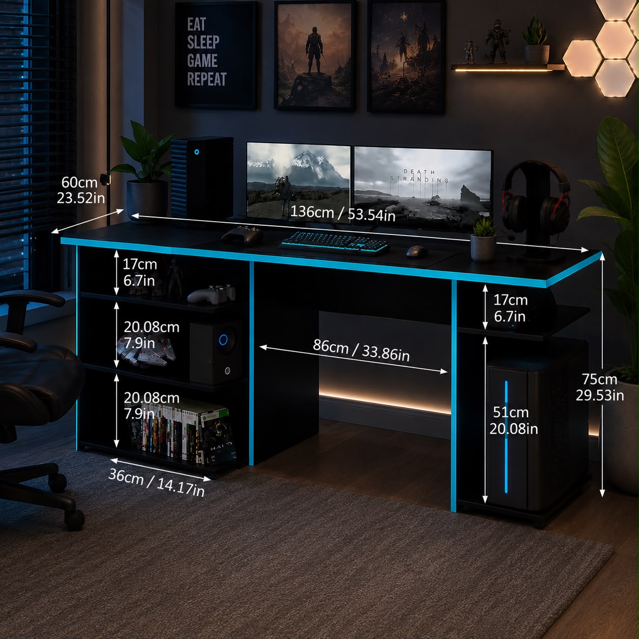 Madesa Gaming Computer Table and Office Desk with 5 Shelves and Cable Management, Wood, 136x75x60 Cm – Black/Blue