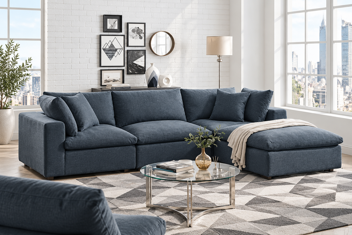Modern Blue L-Shaped Sectional Sofa with Chaise
