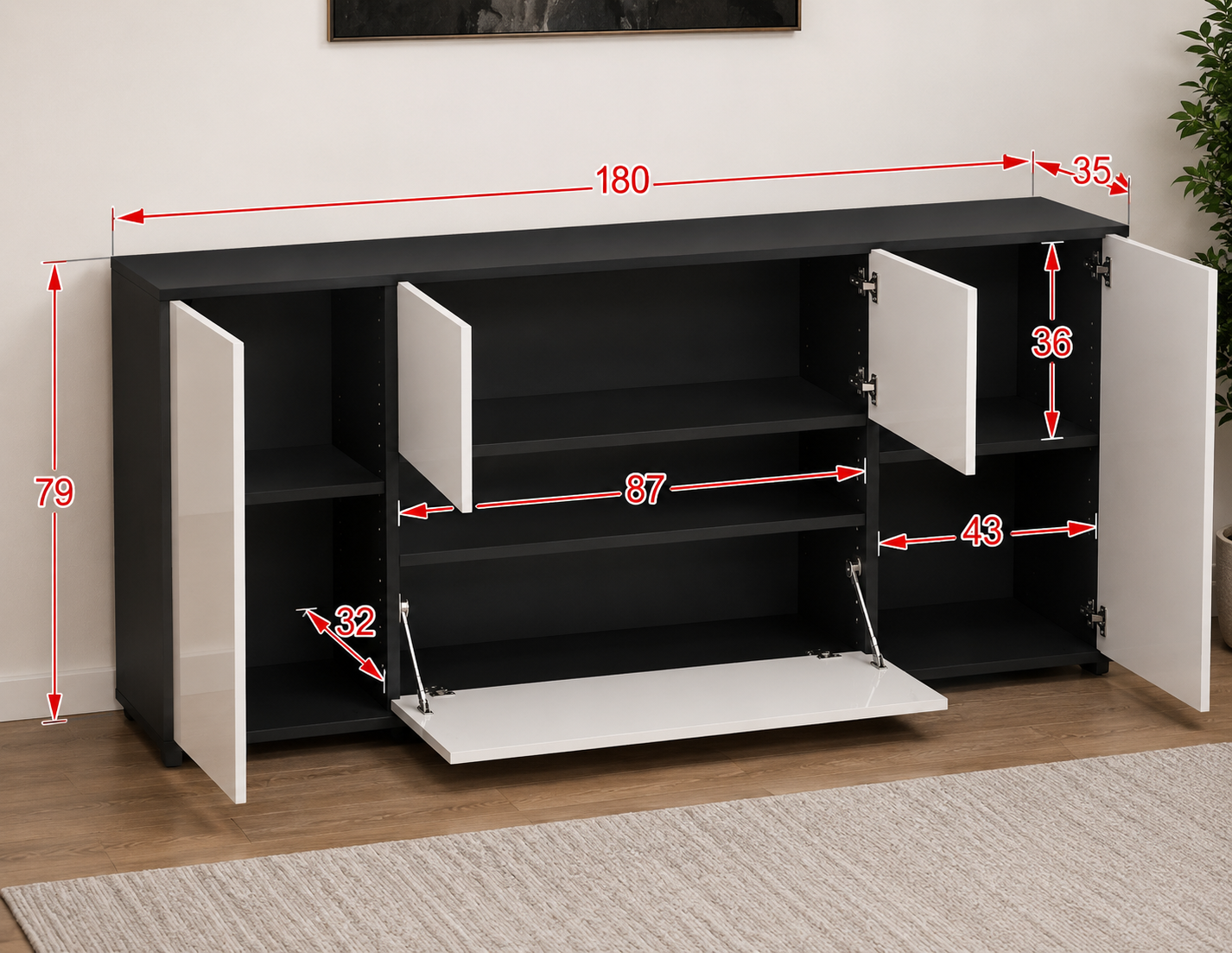 Modern Sideboard Cabinet with Push-to-Open Doors and High Gloss White