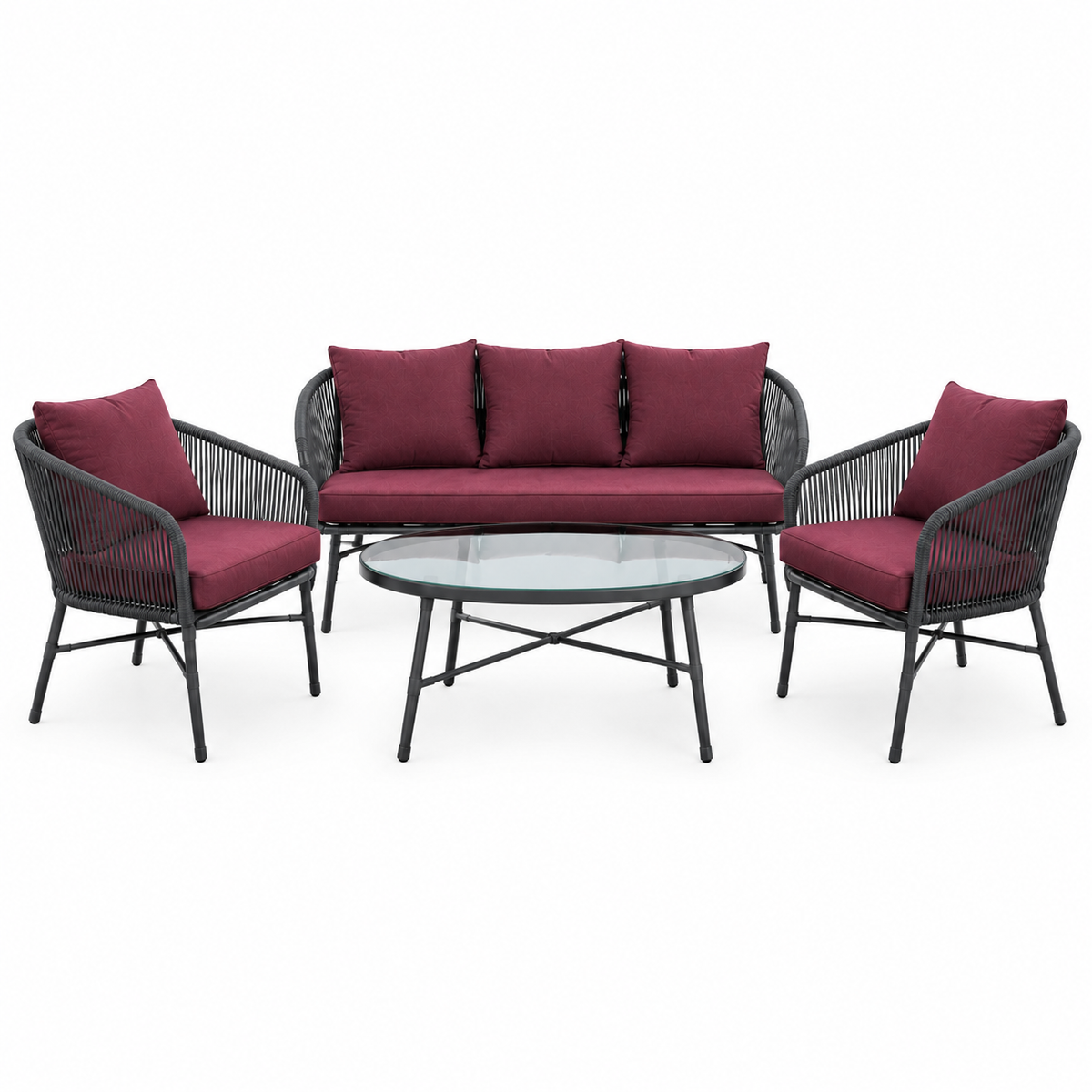 Modern Outdoor Wicker 3-Piece Lounge Set with Glass Coffee Table