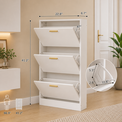 Narrow Shoe Storage Cabinet with 3 Flip Drawers