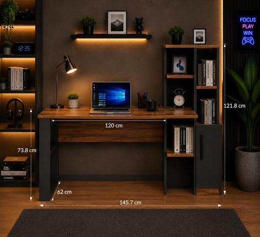 HOMIDEA Tody Office Computer Table with Shelves and Storage Space with Door Modern Design for Home Office or Children's Room (Antrachite/Briarsmoke)