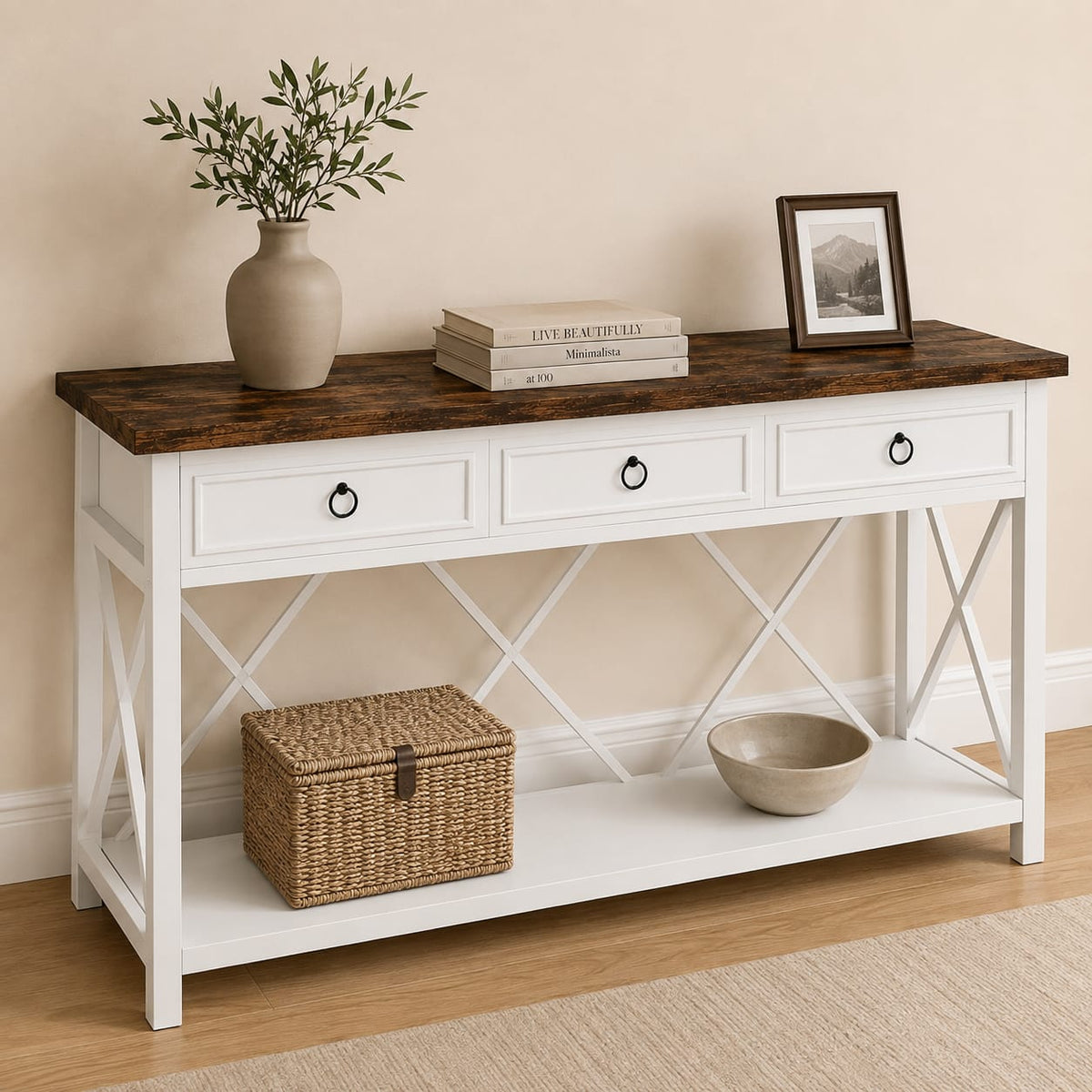 Modern White Console Table with 3 Drawers
