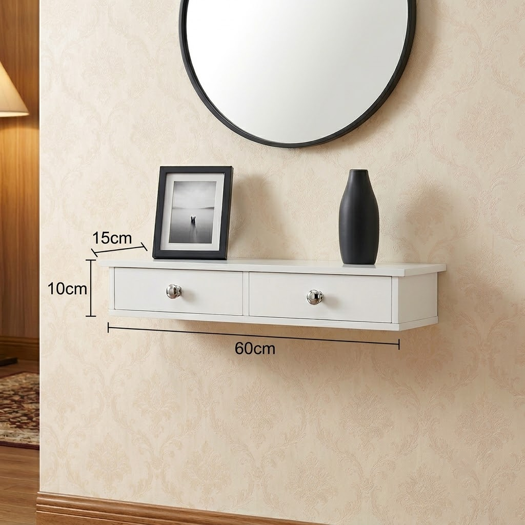 Wall Shelf with 2 Drawers 10 x 60 x 15 cm White