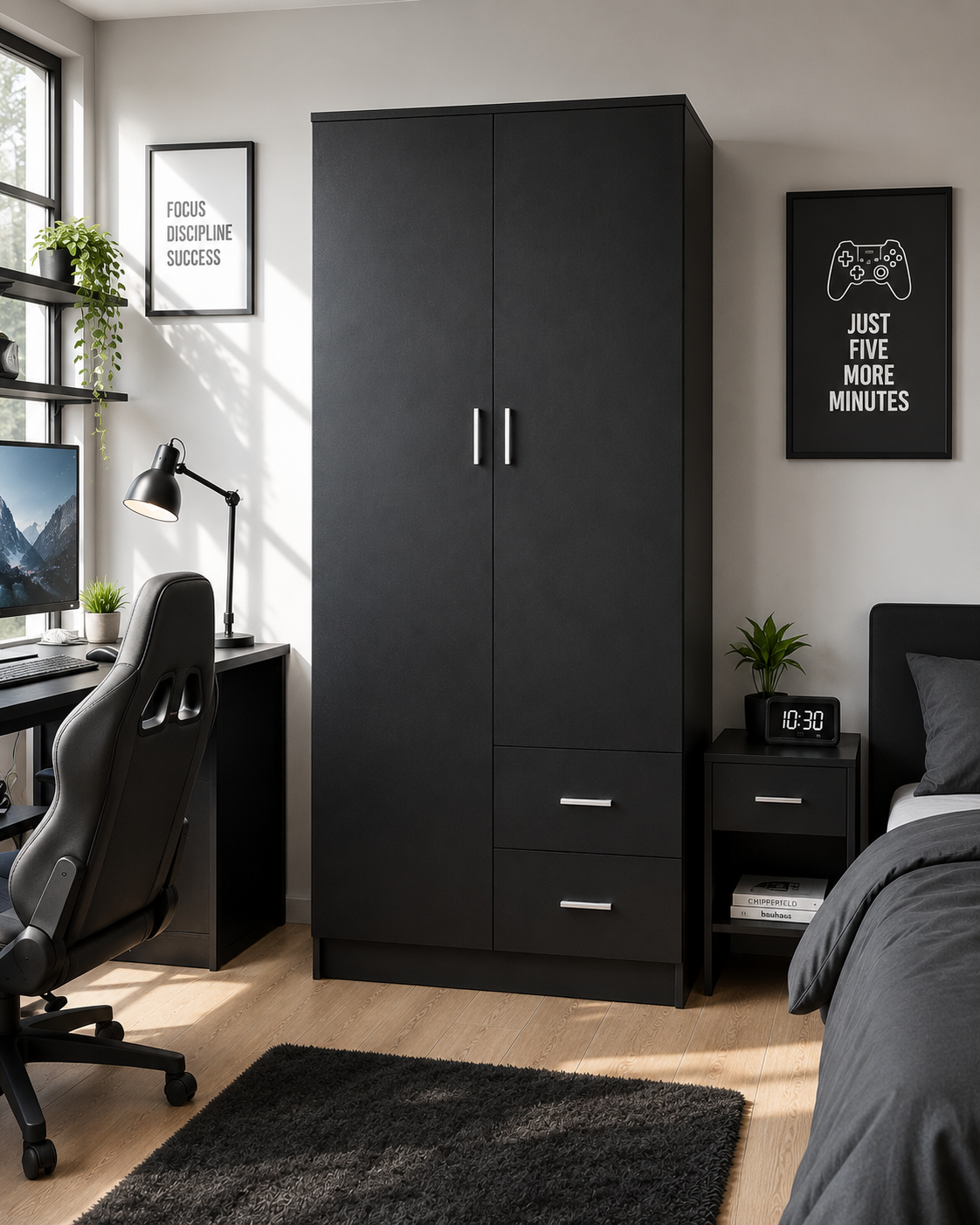 Drawer Wardrobe with Shelf and Hanging Rail Wooden Clothes