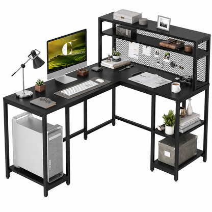 Modern L-Shaped Computer Desk with Hutch & Storage
