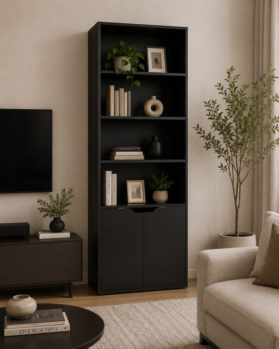 Panana 6 Tier Bookcase with 2 Doors, Wooden Cube Shelves Soild Wood Tall Bookshelf Storage Cupboard Organizer Display Free Standing Unit (Black)