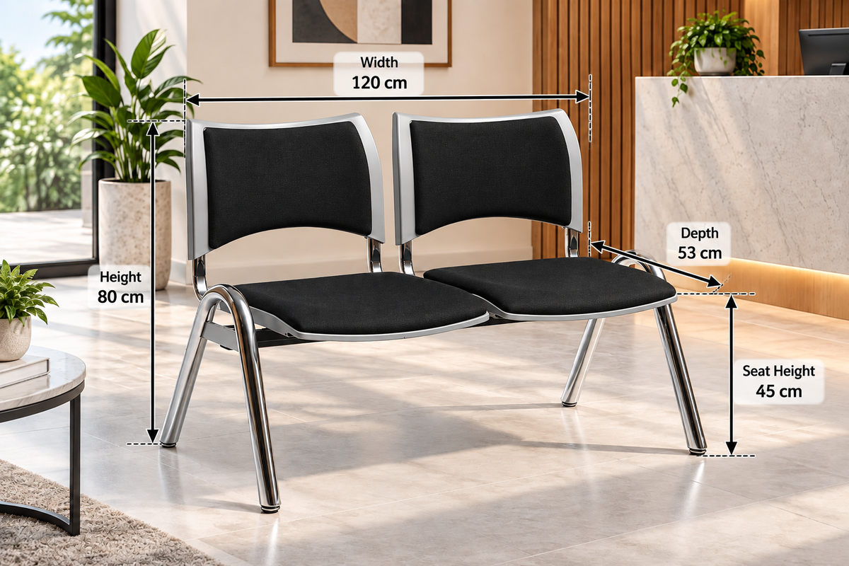 Modern 2-Seater Waiting Room Bench with Padded Seats & Chrome Frame