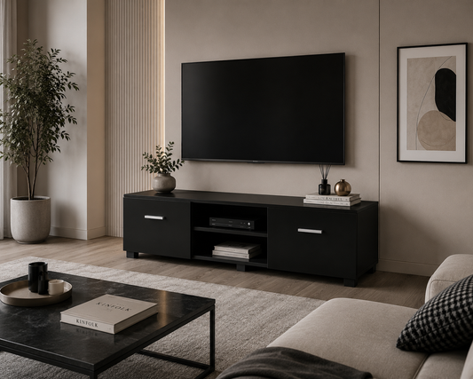 Artiss TV Unit Cabinet Entertainment Units, 140cm Length Stand Table Cabinets Storage Shelf Organiser Cupboard Home Living Room Bedroom Furniture, with 2 Drawer and Cable Management Holes Black