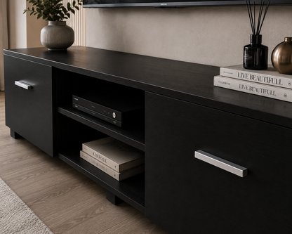 Artiss TV Unit Cabinet Entertainment Units, 140cm Length Stand Table Cabinets Storage Shelf Organiser Cupboard Home Living Room Bedroom Furniture, with 2 Drawer and Cable Management Holes Black