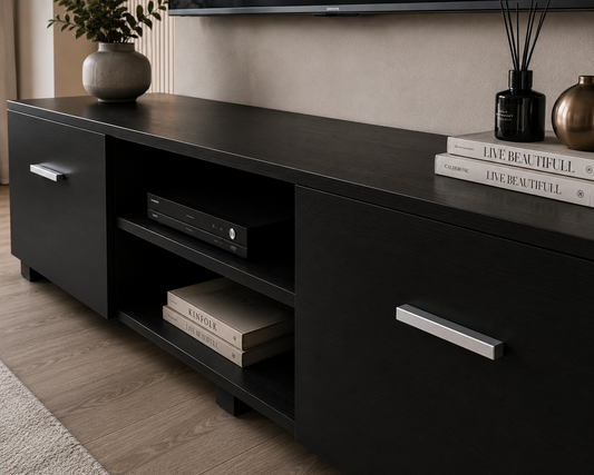 Artiss TV Unit Cabinet Entertainment Units, 140cm Length Stand Table Cabinets Storage Shelf Organiser Cupboard Home Living Room Bedroom Furniture, with 2 Drawer and Cable Management Holes Black