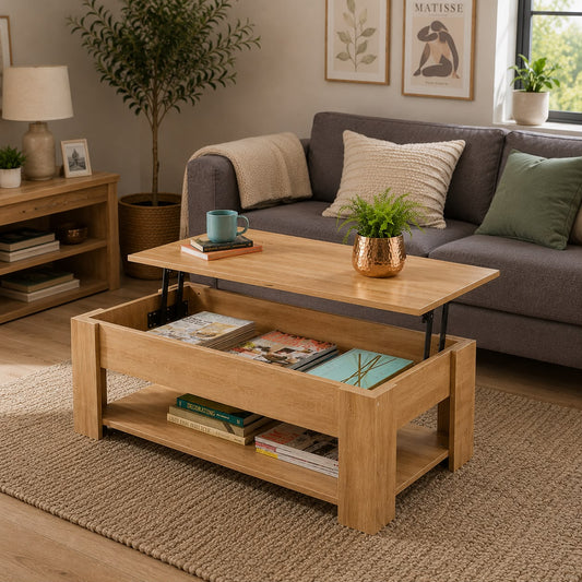 Home Source Coffee Table with Lift Up Top Storage Area and Magazine Shelf, Oak, Wooden