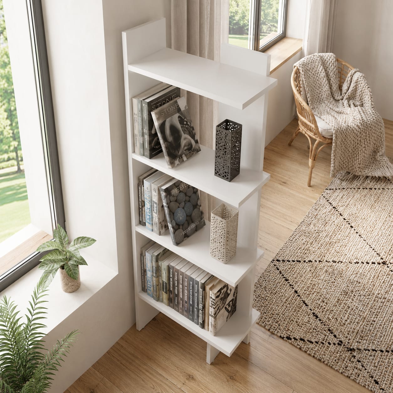 Modern 5-Tier White Bookshelf – Freestanding Narrow Display Storage Shelf for Books, Décor & Home Office  Description