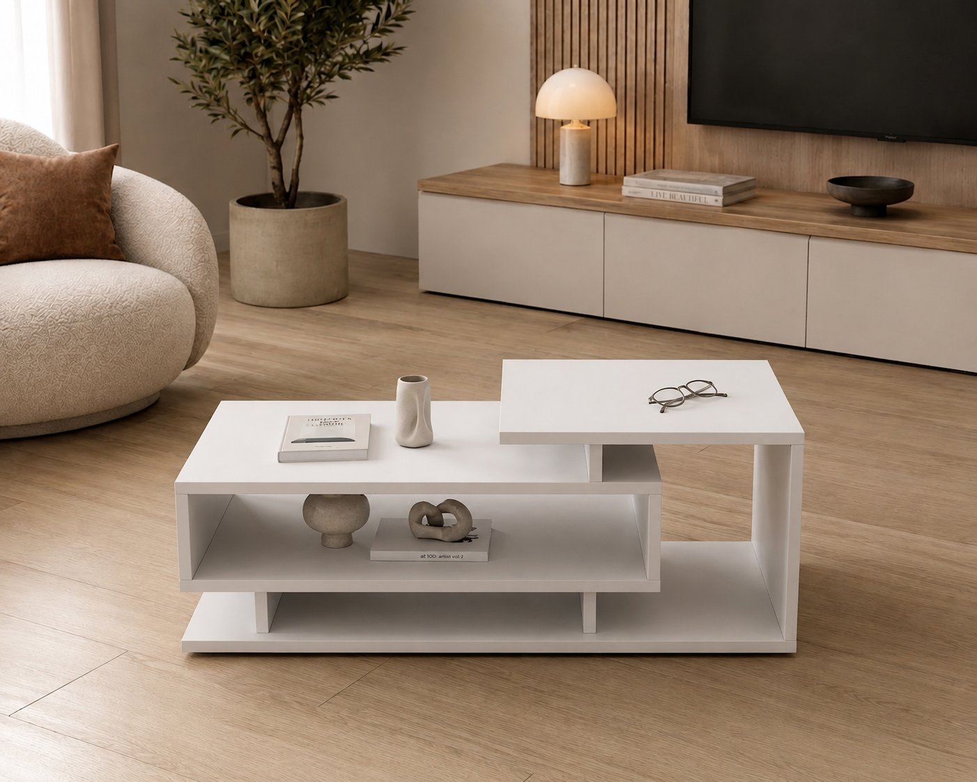 BURLYWORTH Fabelio Engineered Wood Coffee Table for Living Room, Centre Table With Storage, Modern Designer Tea Table, Sofa Set (White)